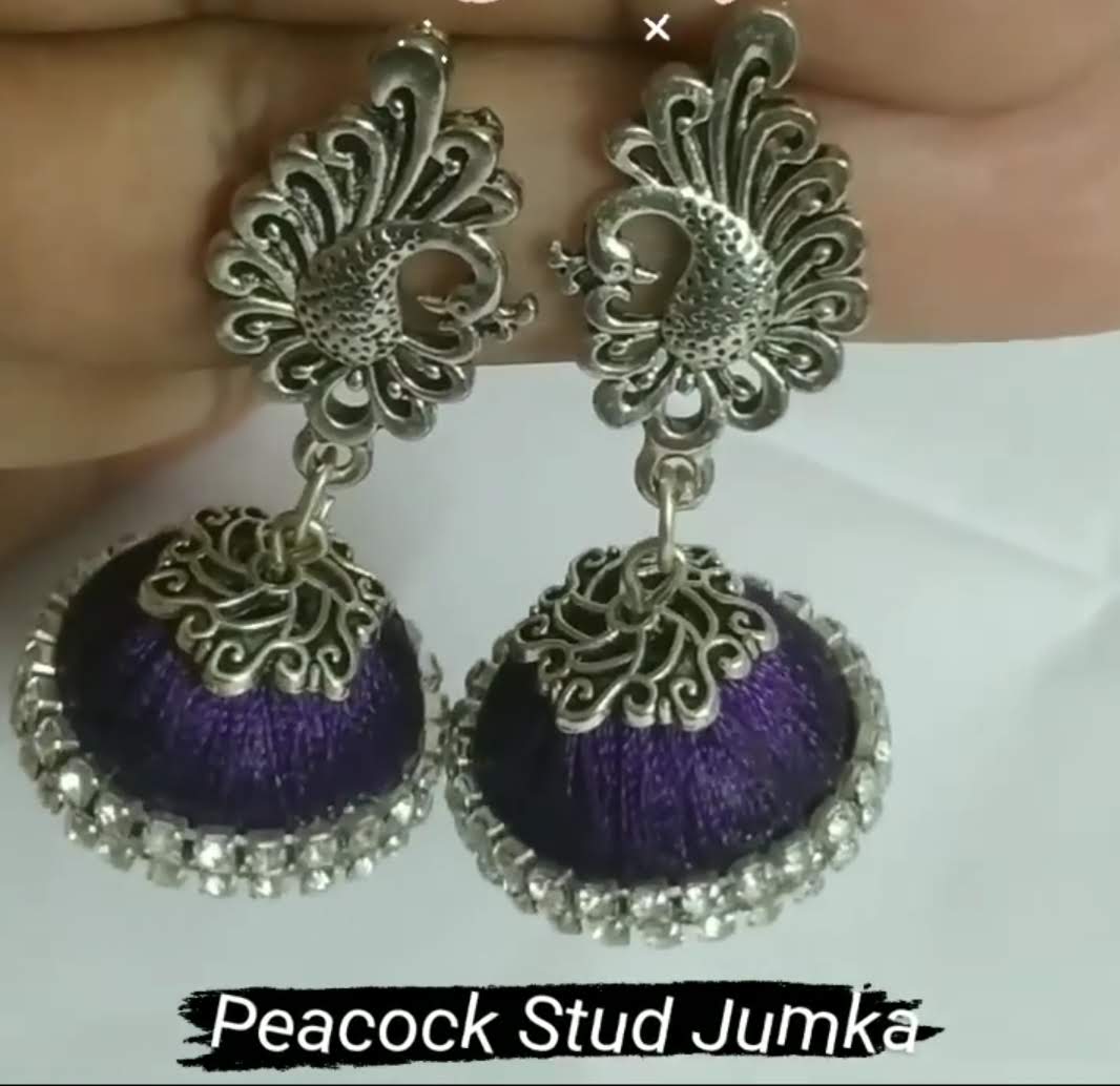 Silk Thread Jhumka With Peacock Stud Peach